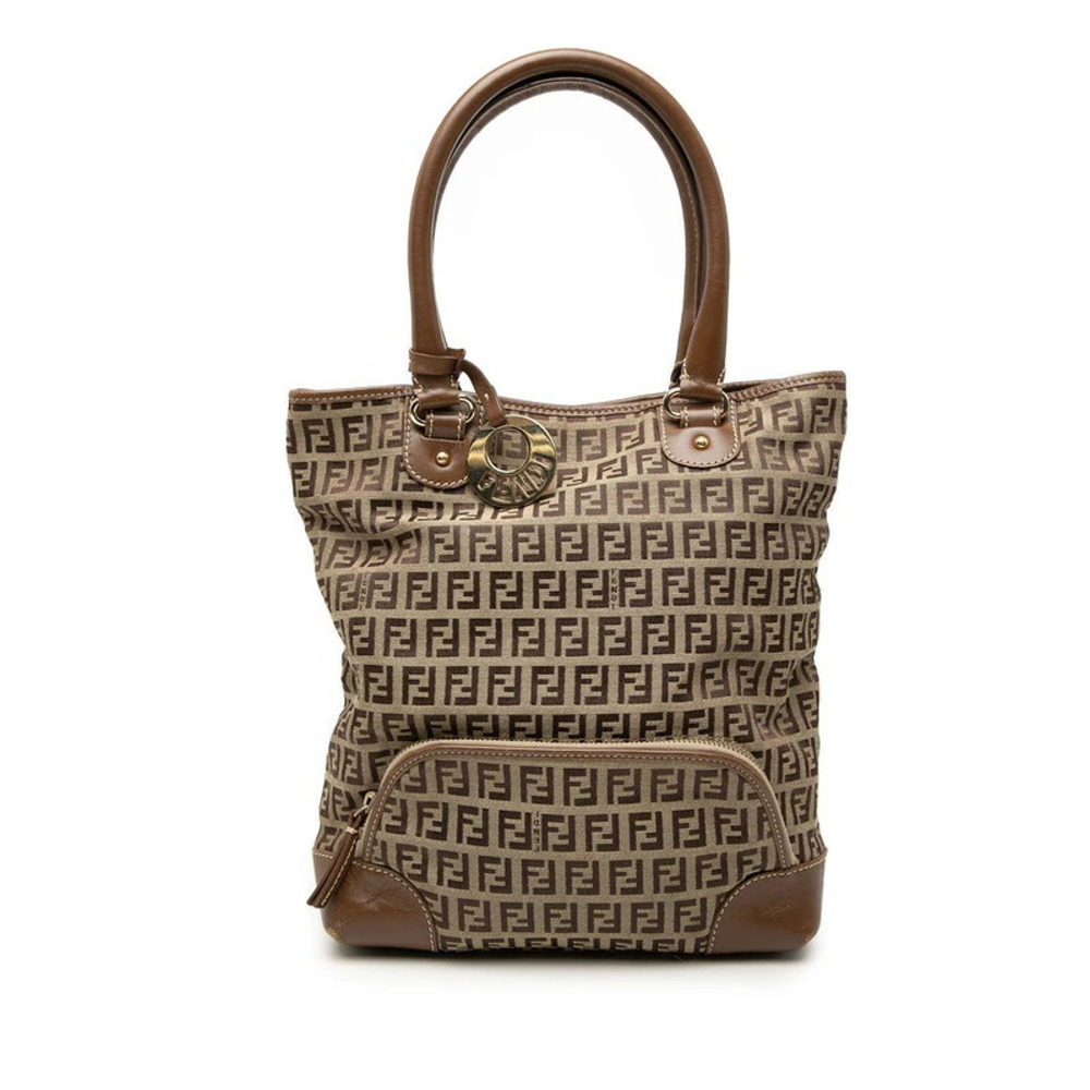 Fendi Zucchino Tote Bag Handbag Beige Cream Brown Canvas Leather